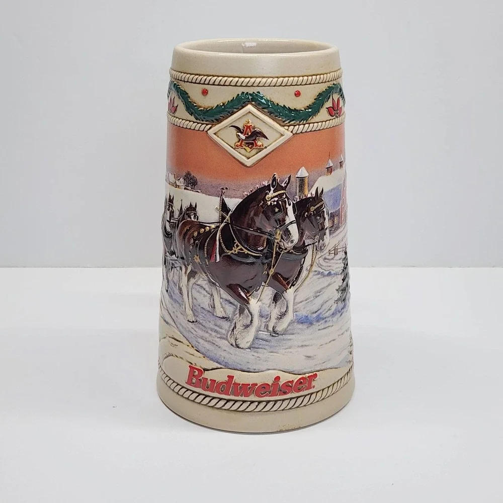 Vintage 1996 Budweiser American Homestead Holiday Beer Stein Clydesdales Brazil